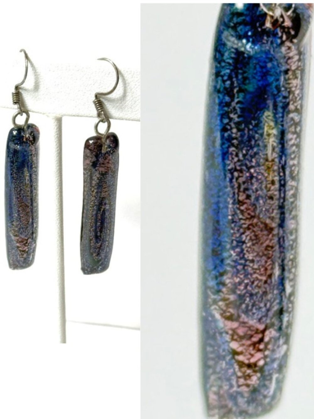 Glass dichroic dangle earrings in purple and blue